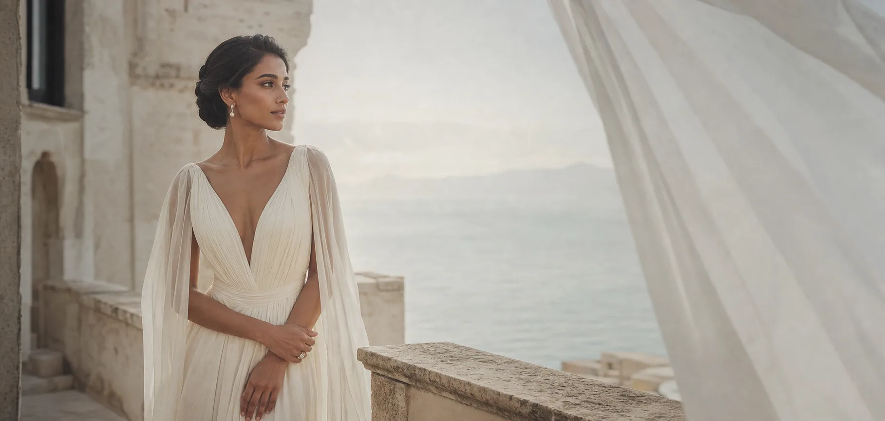Destination bride in ivory on a Mediterranean terrace