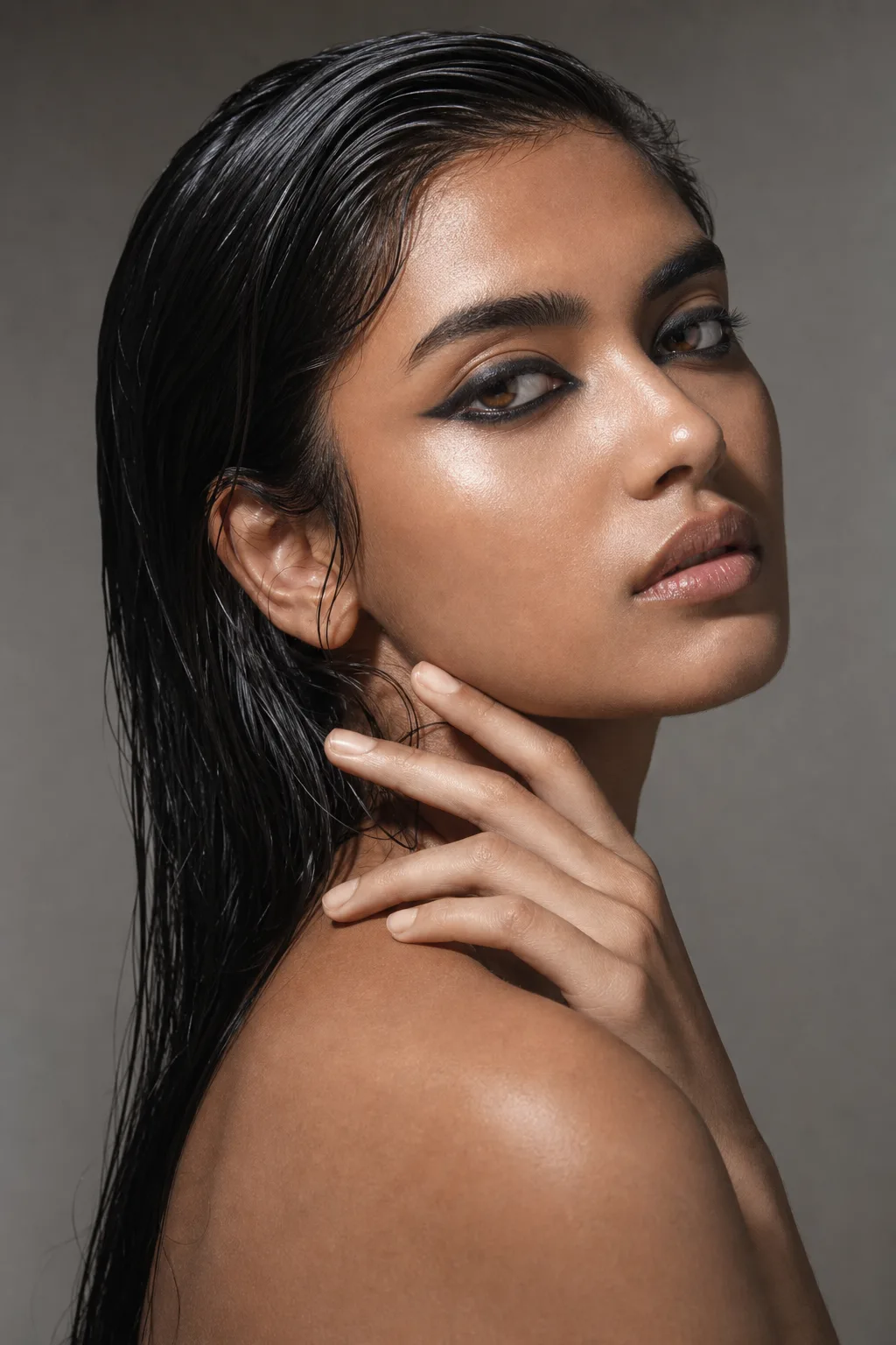 Close editorial make-up look with graphic liner and natural skin texture