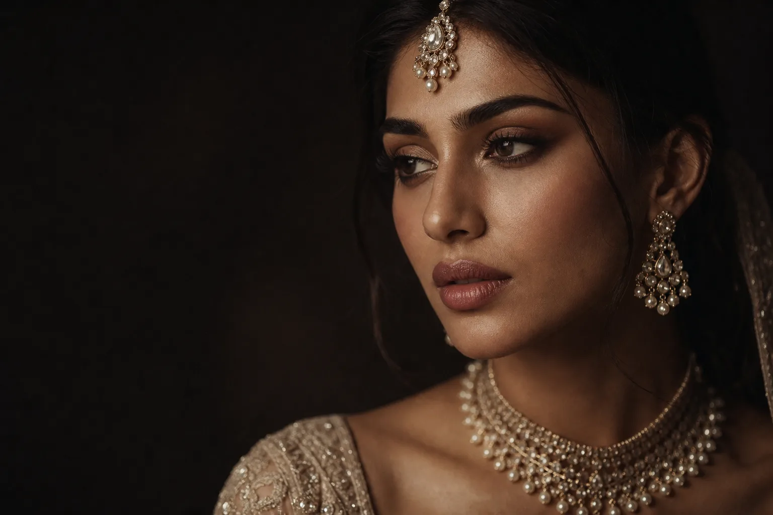 Editorial bridal beauty portrait in warm, sculpted light
